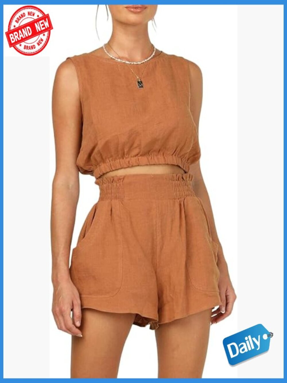 2pc Sleeveless Crop Tank & High Waist Shorts Set Loose Fit